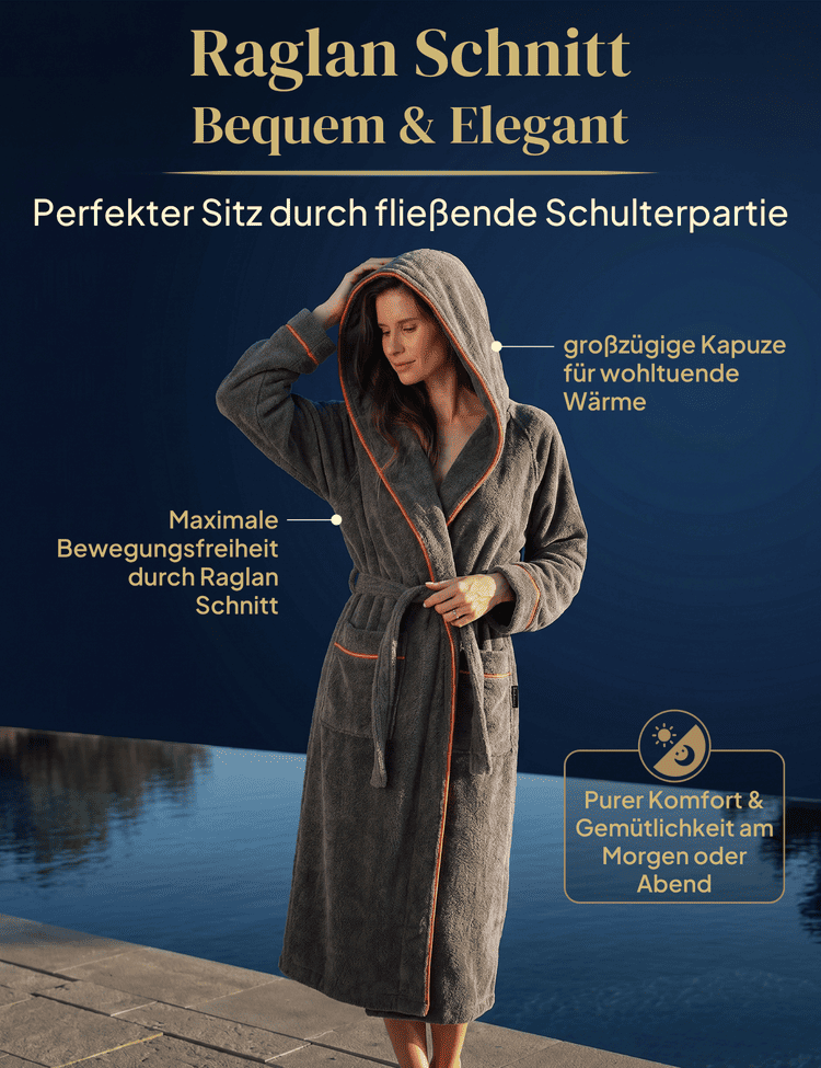 Damen Bademantel mit Kapuze aus kuscheliger Baumwolle - delphingrau - extra weich und bequem - OEKO-TEX zertifiziert