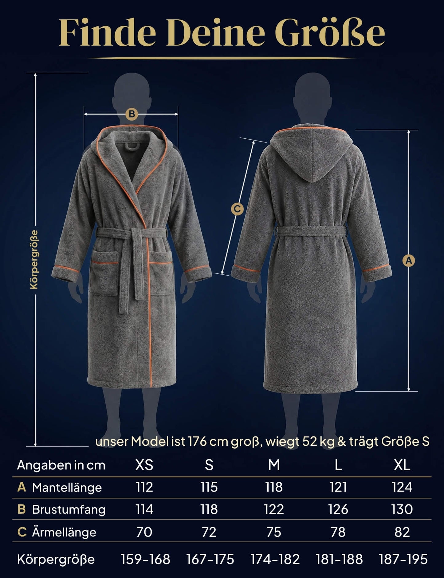 Damen Bademantel mit Kapuze aus kuscheliger Baumwolle - delphingrau - extra weich und bequem - OEKO-TEX zertifiziert