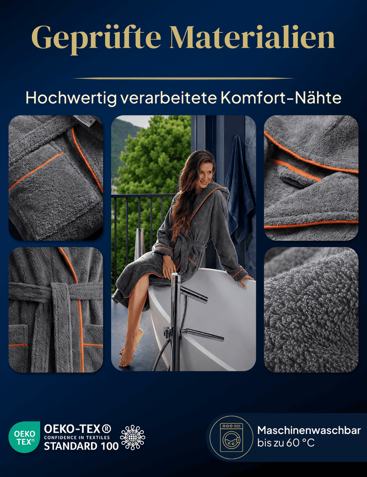 Damen Bademantel mit Kapuze aus kuscheliger Baumwolle - delphingrau - extra weich und bequem - OEKO-TEX zertifiziert