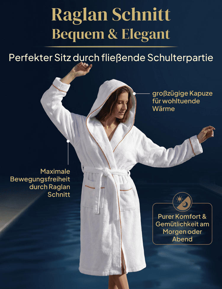Damen Bademantel mit Kapuze aus kuscheliger Baumwolle - blütenweiß - extra weich und bequem - OEKO-TEX zertifiziert