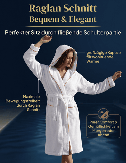 Damen Bademantel mit Kapuze aus kuscheliger Baumwolle - blütenweiß - extra weich und bequem - OEKO-TEX zertifiziert