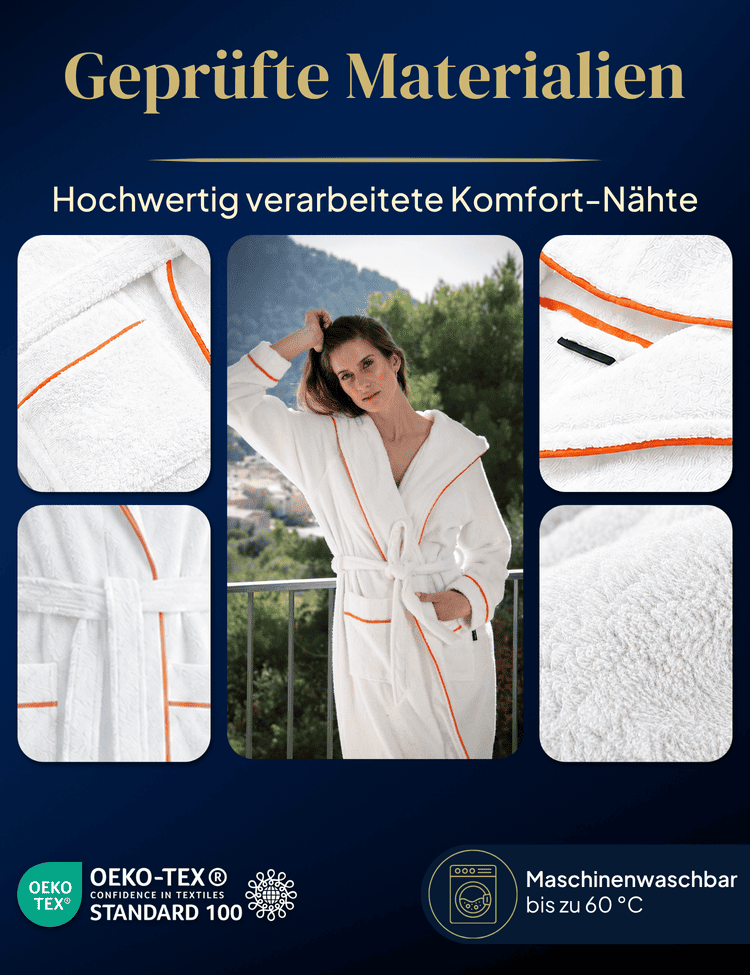 Damen Bademantel mit Kapuze aus kuscheliger Baumwolle - blütenweiß - extra weich und bequem - OEKO-TEX zertifiziert