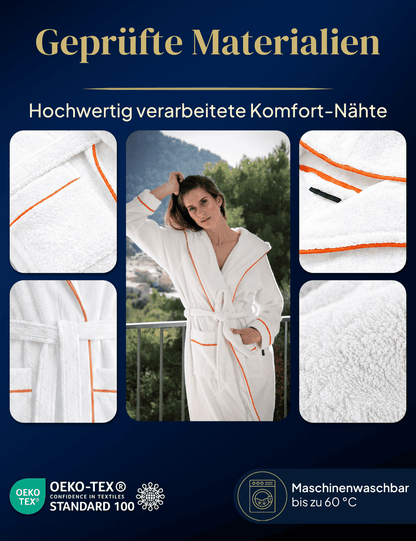 Damen Bademantel mit Kapuze aus kuscheliger Baumwolle - blütenweiß - extra weich und bequem - OEKO-TEX zertifiziert