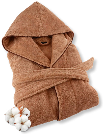 Damen Bademantel mit Kapuze aus kuscheliger Baumwolle beige - extra weich und bequem - Frottee Sauna Bademantel lang - OEKO-TEX zertifiziert