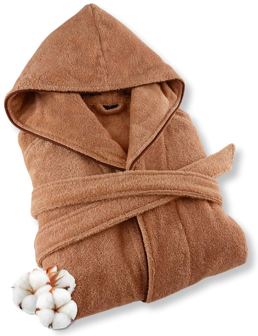 Damen Bademantel mit Kapuze aus kuscheliger Baumwolle beige - extra weich und bequem - Frottee Sauna Bademantel lang - OEKO-TEX zertifiziert