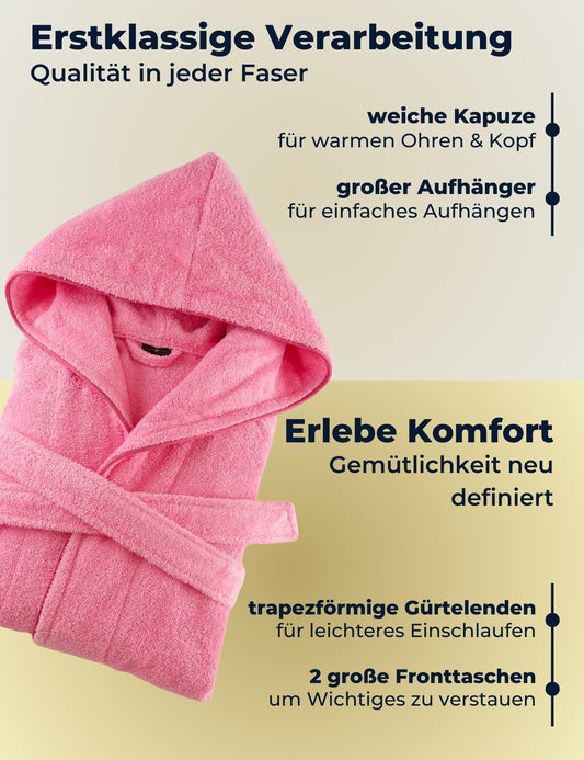 Damen Bademantel mit Kapuze aus kuscheliger Baumwolle rosa - extra weich und bequem - Frottee Sauna Bademantel lang - OEKO-TEX zertifiziert