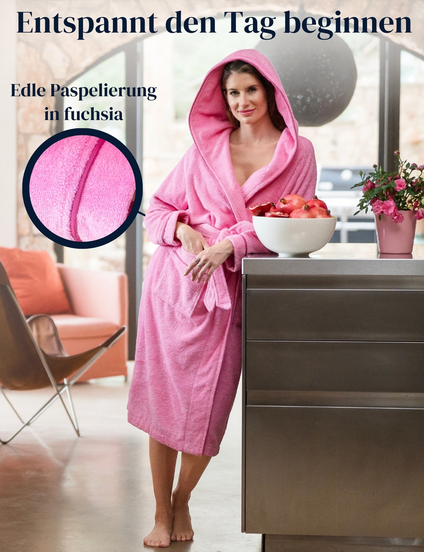 Damen Bademantel mit Kapuze aus kuscheliger Baumwolle rosa - extra weich und bequem - OEKO-TEX zertifiziert