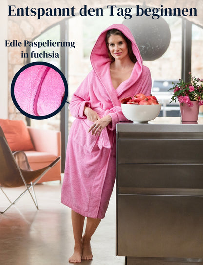 Damen Bademantel mit Kapuze aus kuscheliger Baumwolle rosa - extra weich und bequem - OEKO-TEX zertifiziert