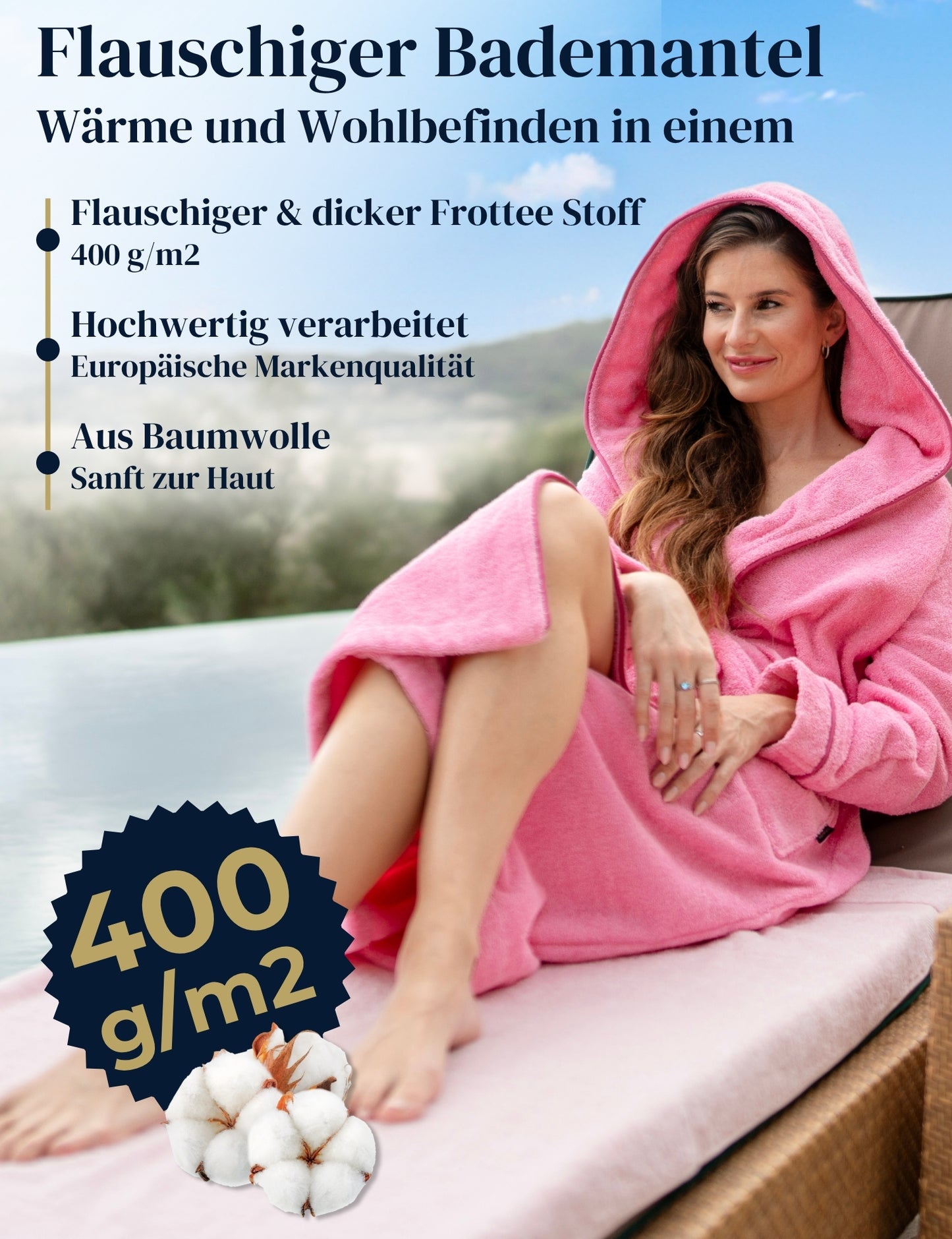 Damen Bademantel mit Kapuze aus kuscheliger Baumwolle rosa - extra weich und bequem - OEKO-TEX zertifiziert