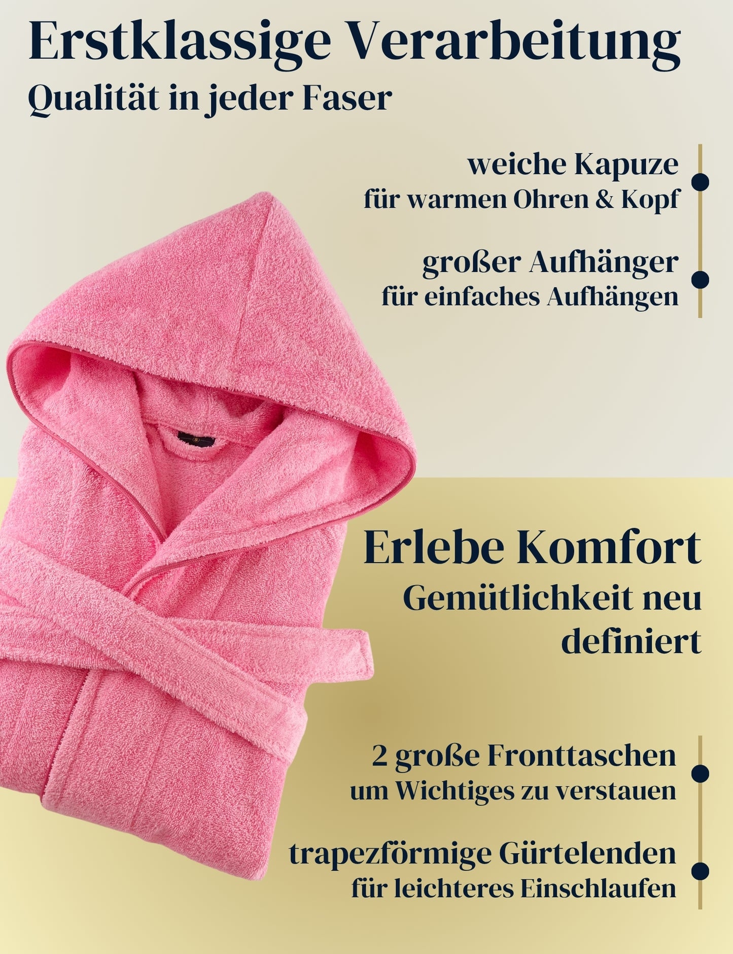 Damen Bademantel mit Kapuze aus kuscheliger Baumwolle rosa - extra weich und bequem - OEKO-TEX zertifiziert