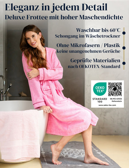 Damen Bademantel mit Kapuze aus kuscheliger Baumwolle rosa - extra weich und bequem - OEKO-TEX zertifiziert
