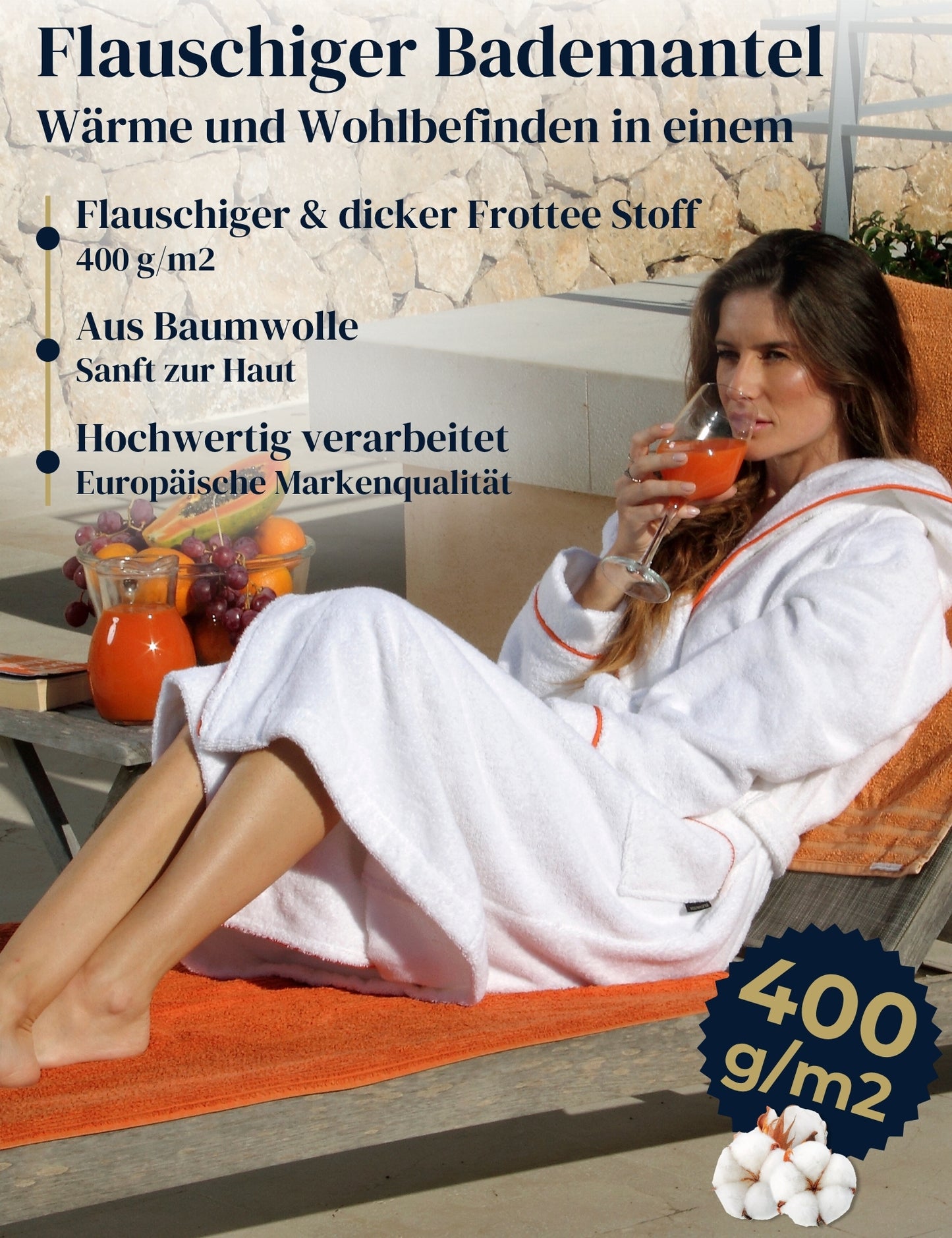 Damen Bademantel mit Kapuze aus kuscheliger Baumwolle - blütenweiß - extra weich und bequem - OEKO-TEX zertifiziert