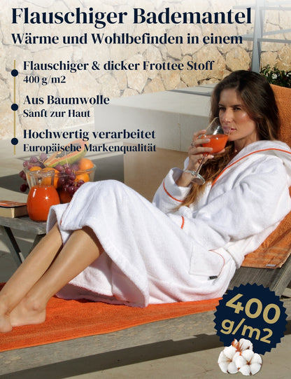Damen Bademantel mit Kapuze aus kuscheliger Baumwolle - blütenweiß - extra weich und bequem - OEKO-TEX zertifiziert