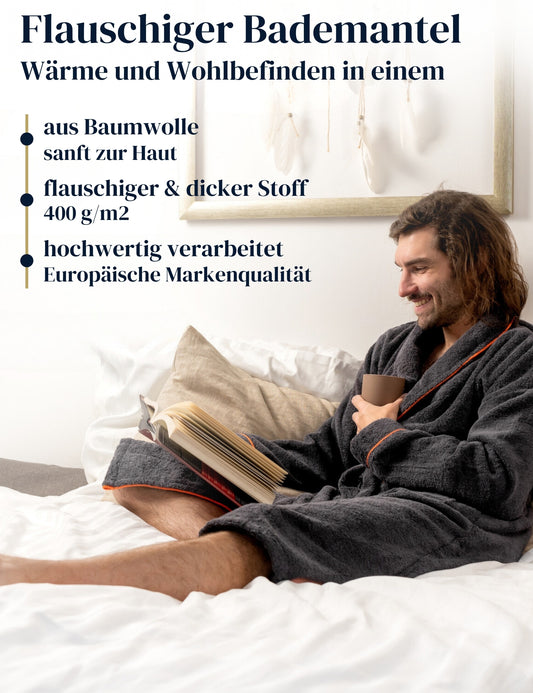 Herren Bademantel anthrazit aus kuscheliger Baumwolle ohne Kapuze (400 g/m2) - extra weich und bequem - OEKO-TEX zertifiziert