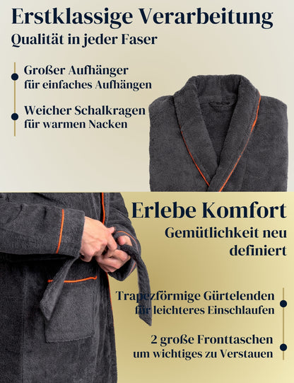 Herren Bademantel anthrazit aus kuscheliger Baumwolle ohne Kapuze (400 g/m2) - extra weich und bequem - OEKO-TEX zertifiziert