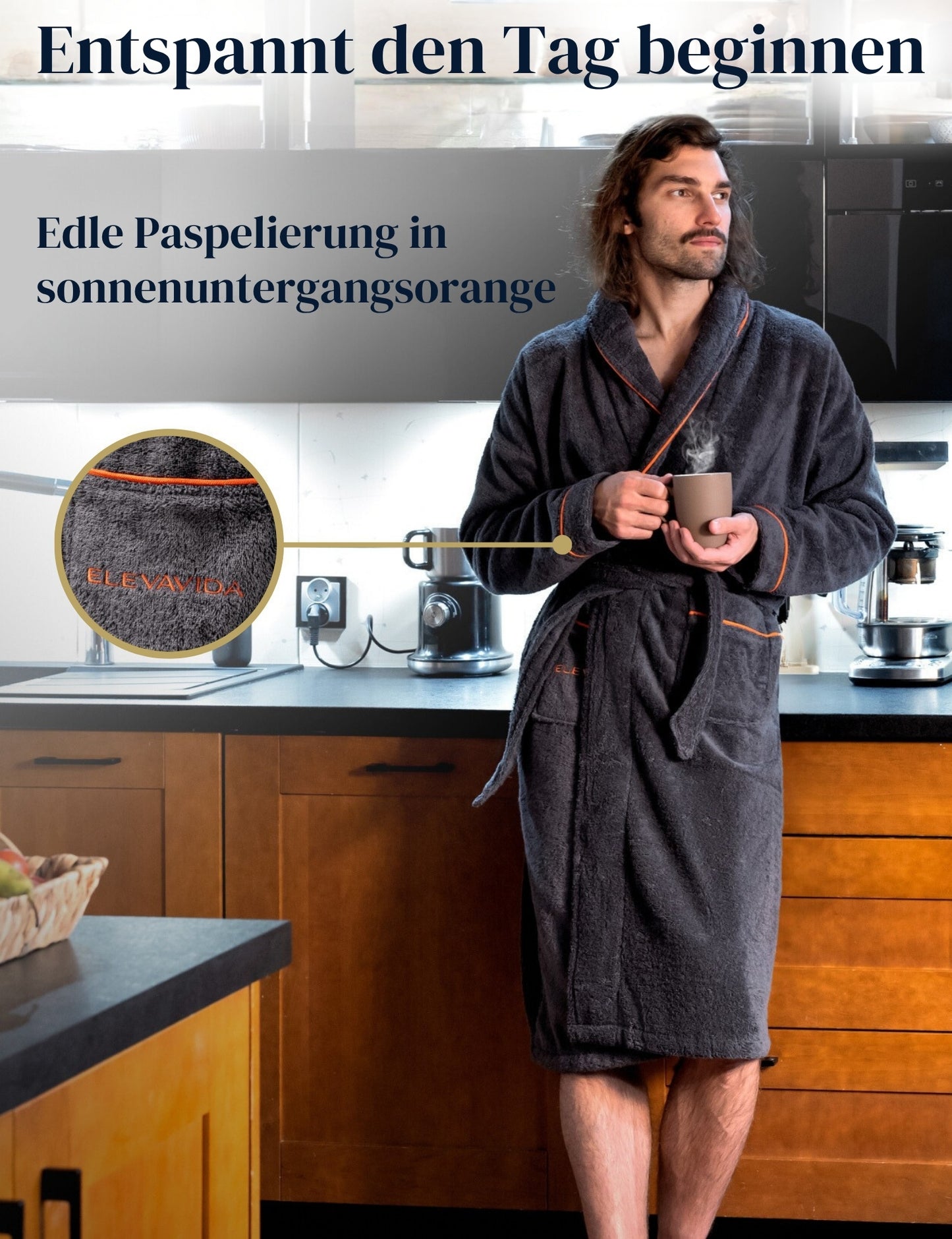 Herren Bademantel anthrazit aus kuscheliger Baumwolle ohne Kapuze (400 g/m2) - extra weich und bequem - OEKO-TEX zertifiziert