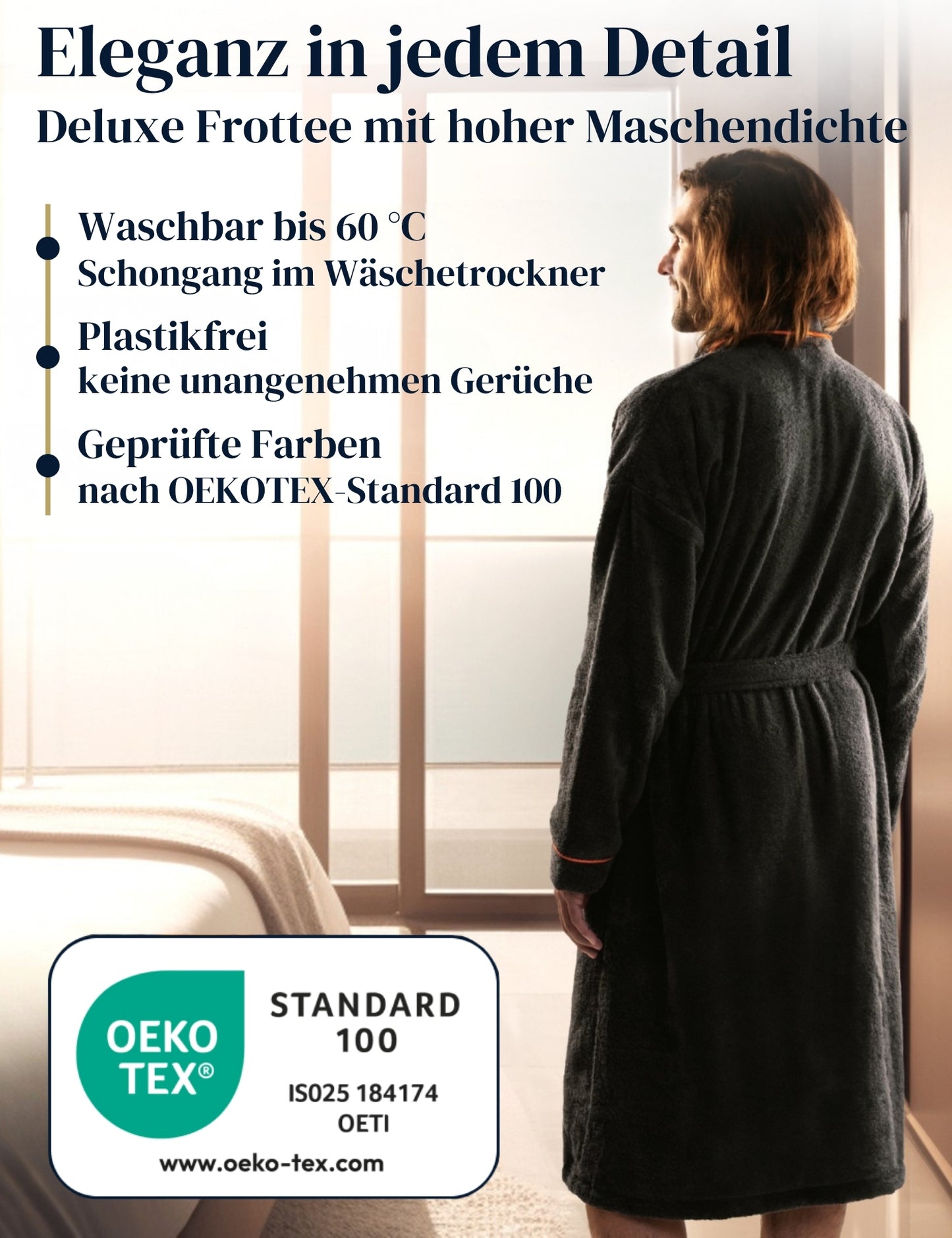 Herren Bademantel anthrazit aus kuscheliger Baumwolle ohne Kapuze (400 g/m2) - extra weich und bequem - OEKO-TEX zertifiziert