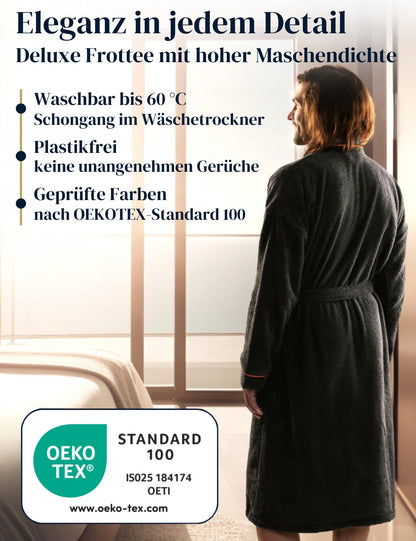 Herren Bademantel anthrazit aus kuscheliger Baumwolle ohne Kapuze (400 g/m2) - extra weich und bequem - OEKO-TEX zertifiziert