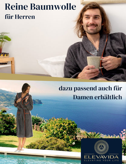 Herren Bademantel anthrazit aus kuscheliger Baumwolle ohne Kapuze (400 g/m2) - extra weich und bequem - OEKO-TEX zertifiziert