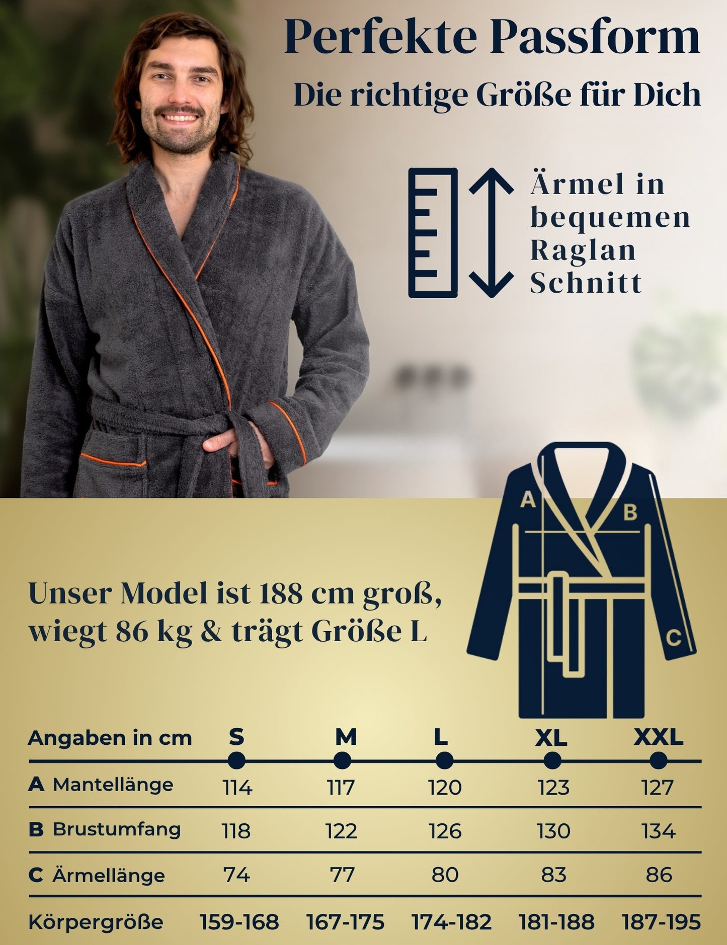 Herren Bademantel anthrazit aus kuscheliger Baumwolle ohne Kapuze (400 g/m2) - extra weich und bequem - OEKO-TEX zertifiziert