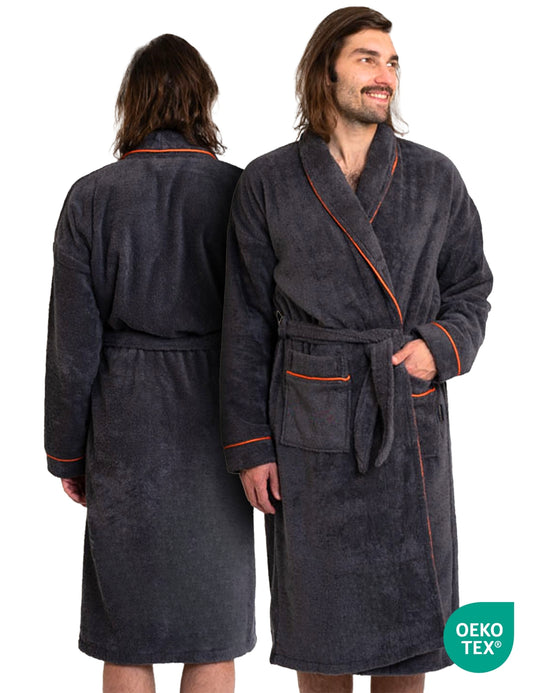 Herren Bademantel anthrazit aus kuscheliger Baumwolle ohne Kapuze (400 g/m2) - extra weich und bequem - OEKO-TEX zertifiziert