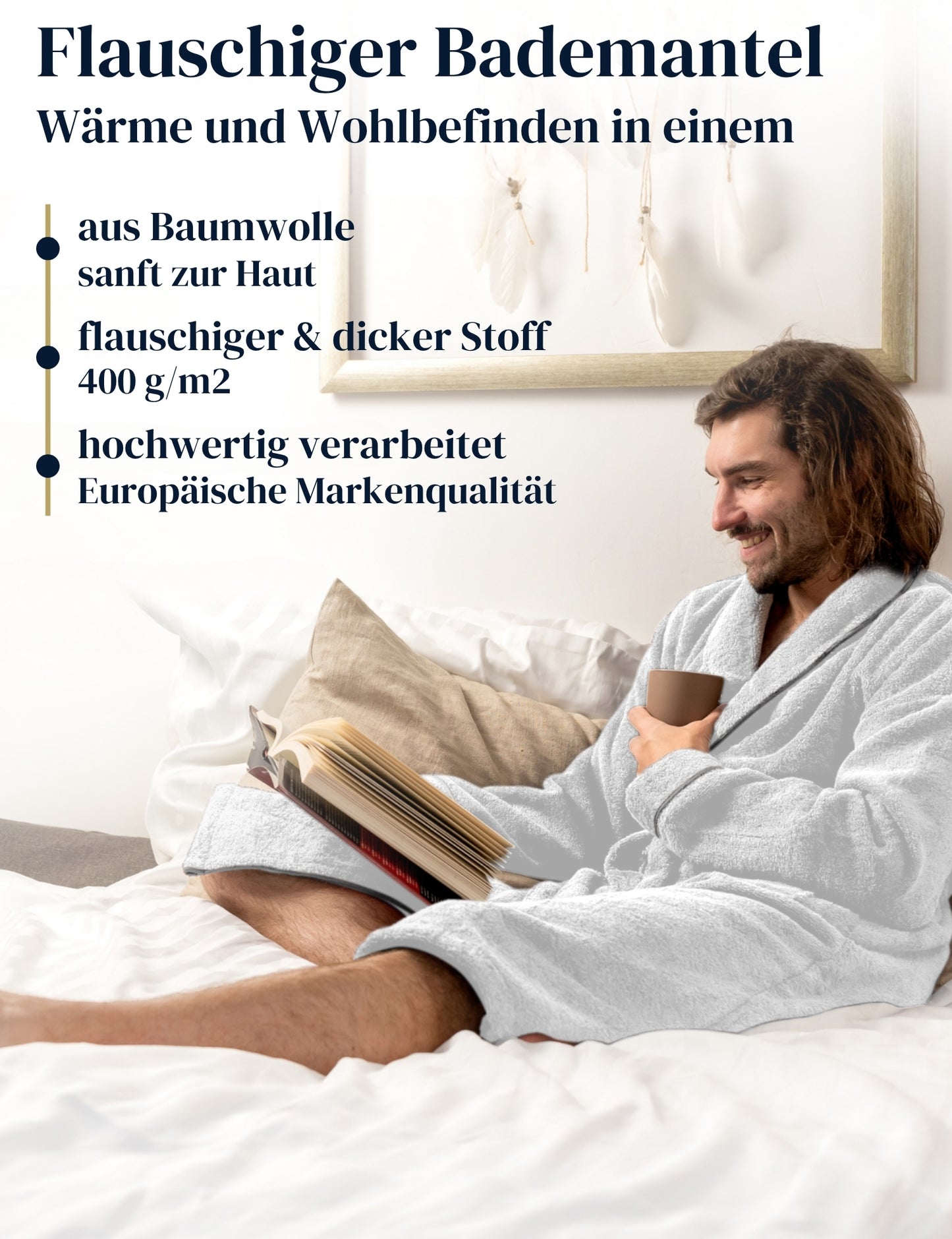 Herren Bademantel blütenweiß aus kuscheliger Baumwolle (430 g/m2) - extra weich und bequem - OEKO-TEX zertifiziert