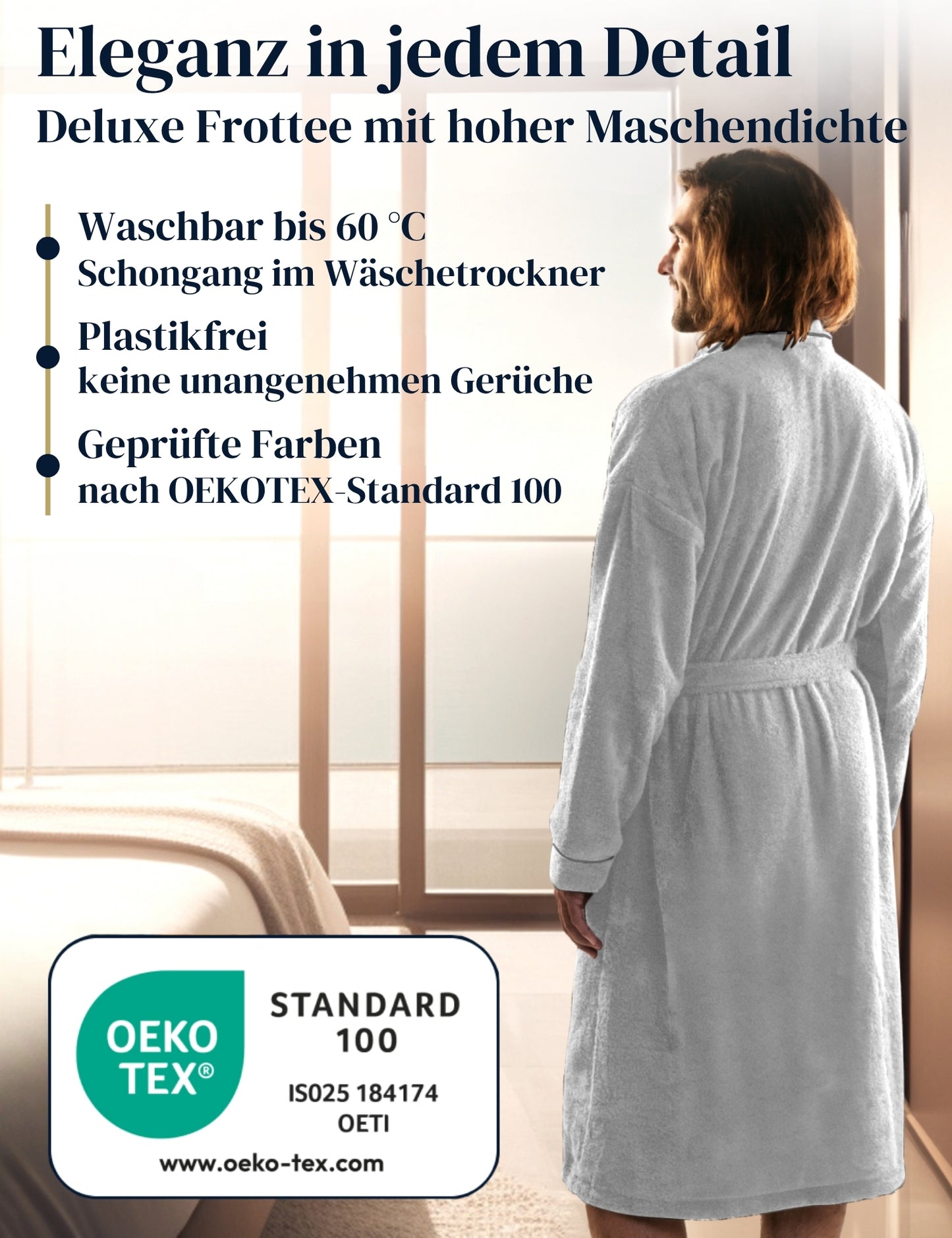 Herren Bademantel blütenweiß aus kuscheliger Baumwolle (430 g/m2) - extra weich und bequem - OEKO-TEX zertifiziert