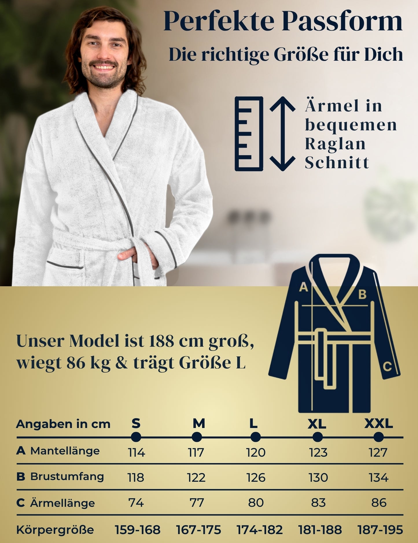 Herren Bademantel blütenweiß aus kuscheliger Baumwolle (430 g/m2) - extra weich und bequem - OEKO-TEX zertifiziert