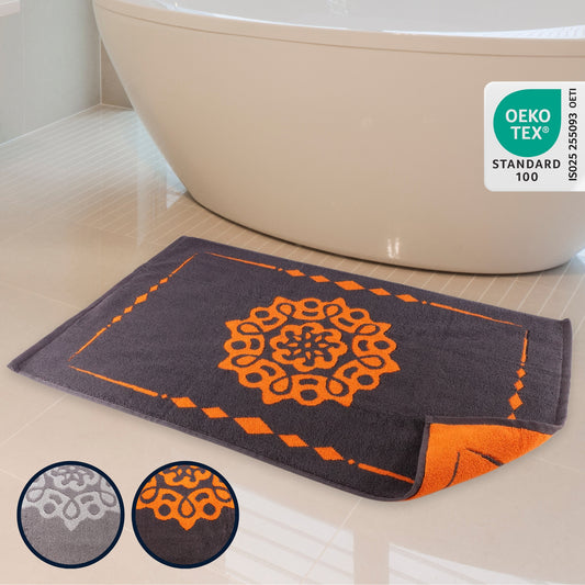 ELEVAVIDA® Design Badvorleger 100% Baumwolle 1000 g/m2 - anthrazit / grau mit Mandala in orange - maschinenwaschbar, schnelltrocknend - Harmonie für Dein Badezimmmer