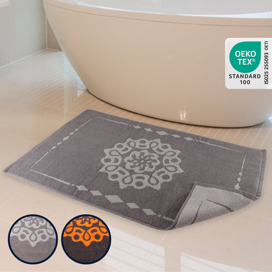 ELEVAVIDA® Design Badvorleger 100% Baumwolle 1000 g/m2 - grau mit Mandala - maschinenwaschbar, schnelltrocknend - Harmonie für Dein Badezimmmer