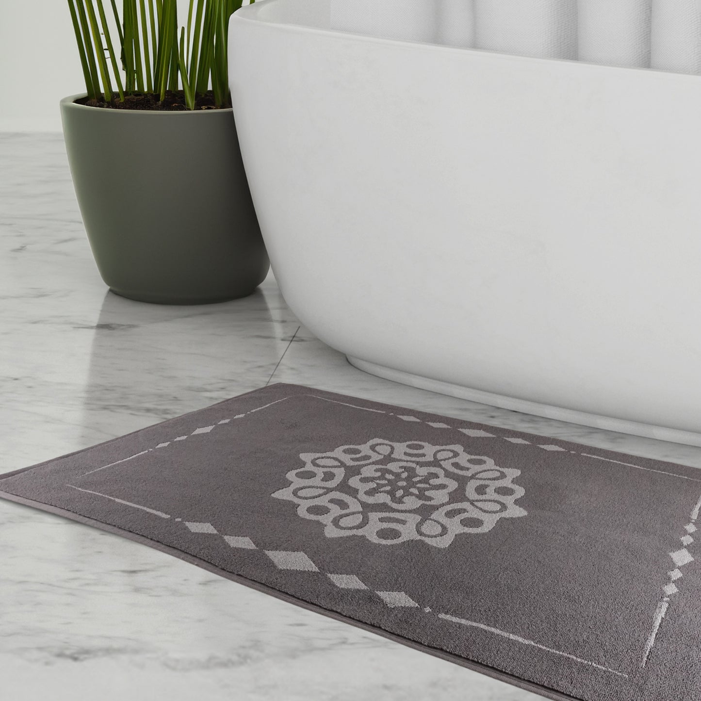 Badvorleger Badematte mit Mandala Design grau aus Baumwolle waschbar