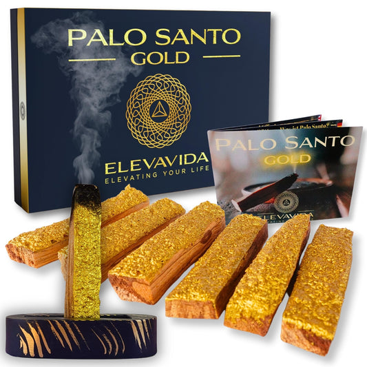 ELEVAVIDA® Palo Santo Gold – Set aus 6 extra großen Stäben mit „Goldrinde“, handgefertigter Halter und Broschüre in edler Geschenkschachtel - ideales aromatisch duftendes spirituelles Geschenk
