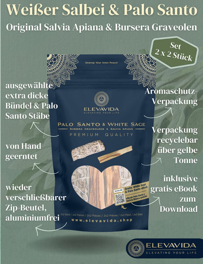 Set 2x Weißer Salbei (Salvia Apiana) aus Kalifornien & 2x Palo Santo aus Peru zum Räuchern, Räucherbündel White Sage & Palo Santo Smudge Sticks