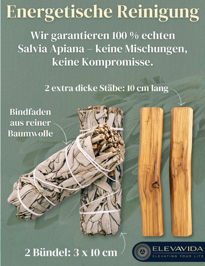 Set 2x Weißer Salbei (Salvia Apiana) aus Kalifornien & 2x Palo Santo aus Peru zum Räuchern, Räucherbündel White Sage & Palo Santo Smudge Sticks