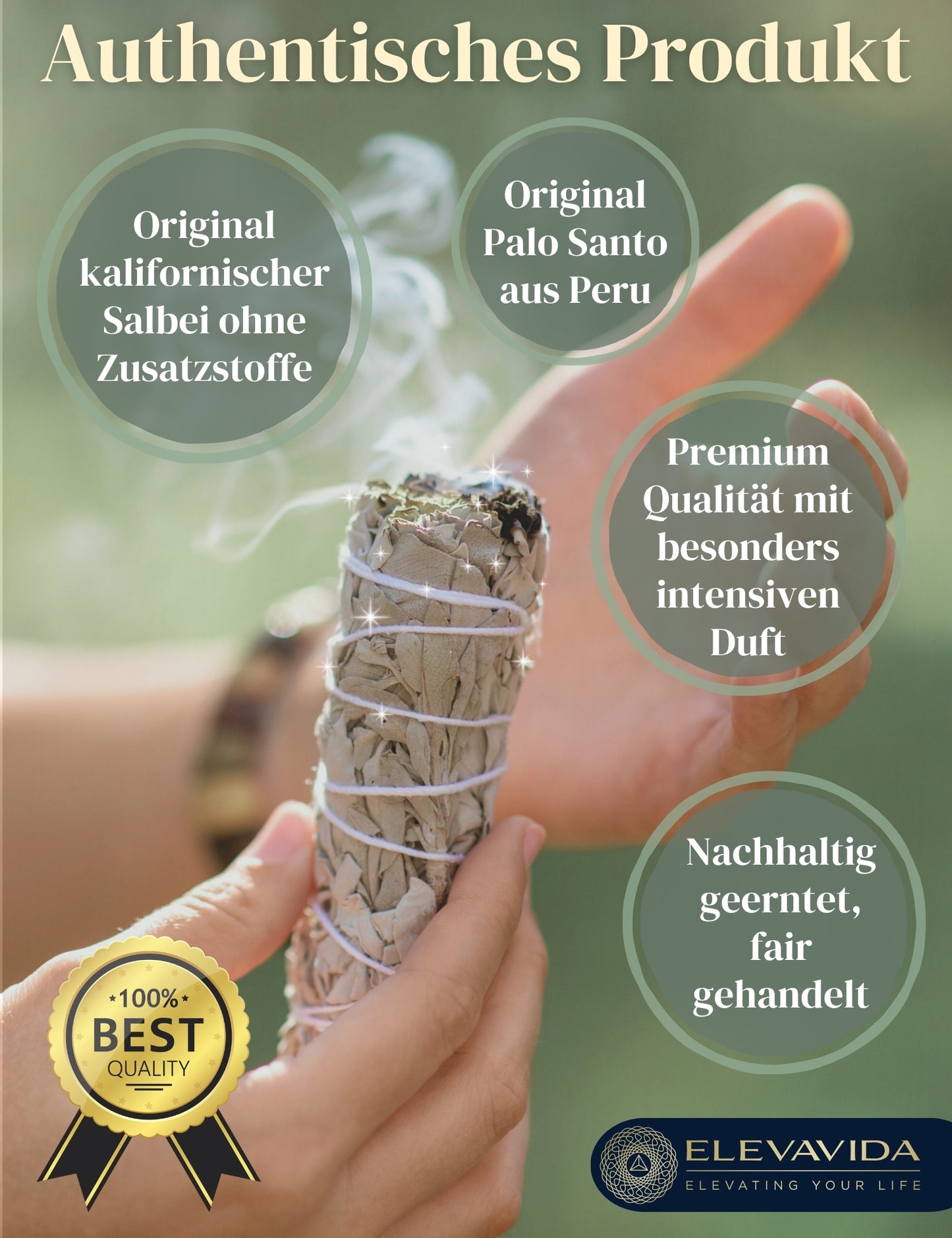 Set 2x Weißer Salbei (Salvia Apiana) aus Kalifornien & 2x Palo Santo aus Peru zum Räuchern, Räucherbündel White Sage & Palo Santo Smudge Sticks