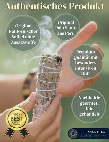Set 2x Weißer Salbei (Salvia Apiana) aus Kalifornien & 2x Palo Santo aus Peru zum Räuchern, Räucherbündel White Sage & Palo Santo Smudge Sticks
