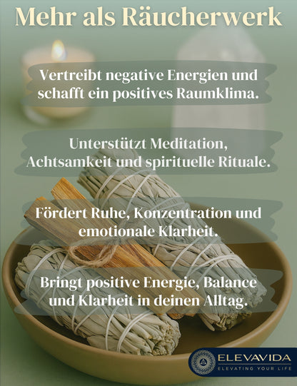 Set 2x Weißer Salbei (Salvia Apiana) aus Kalifornien & 2x Palo Santo aus Peru zum Räuchern, Räucherbündel White Sage & Palo Santo Smudge Sticks