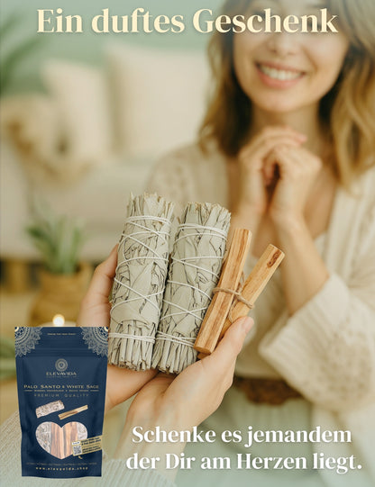 Set 2x Weißer Salbei (Salvia Apiana) aus Kalifornien & 2x Palo Santo aus Peru zum Räuchern, Räucherbündel White Sage & Palo Santo Smudge Sticks