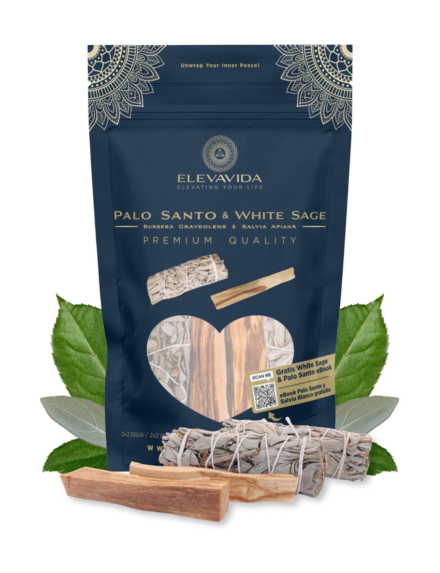 Weißer Salbei Set: (Salvia Apiana) aus Kalifornien 2 Räucherbündel & Palo Santo aus Peru 2 Stäbe Set 2x2 zum Räuchern - Smudge Sticks Set